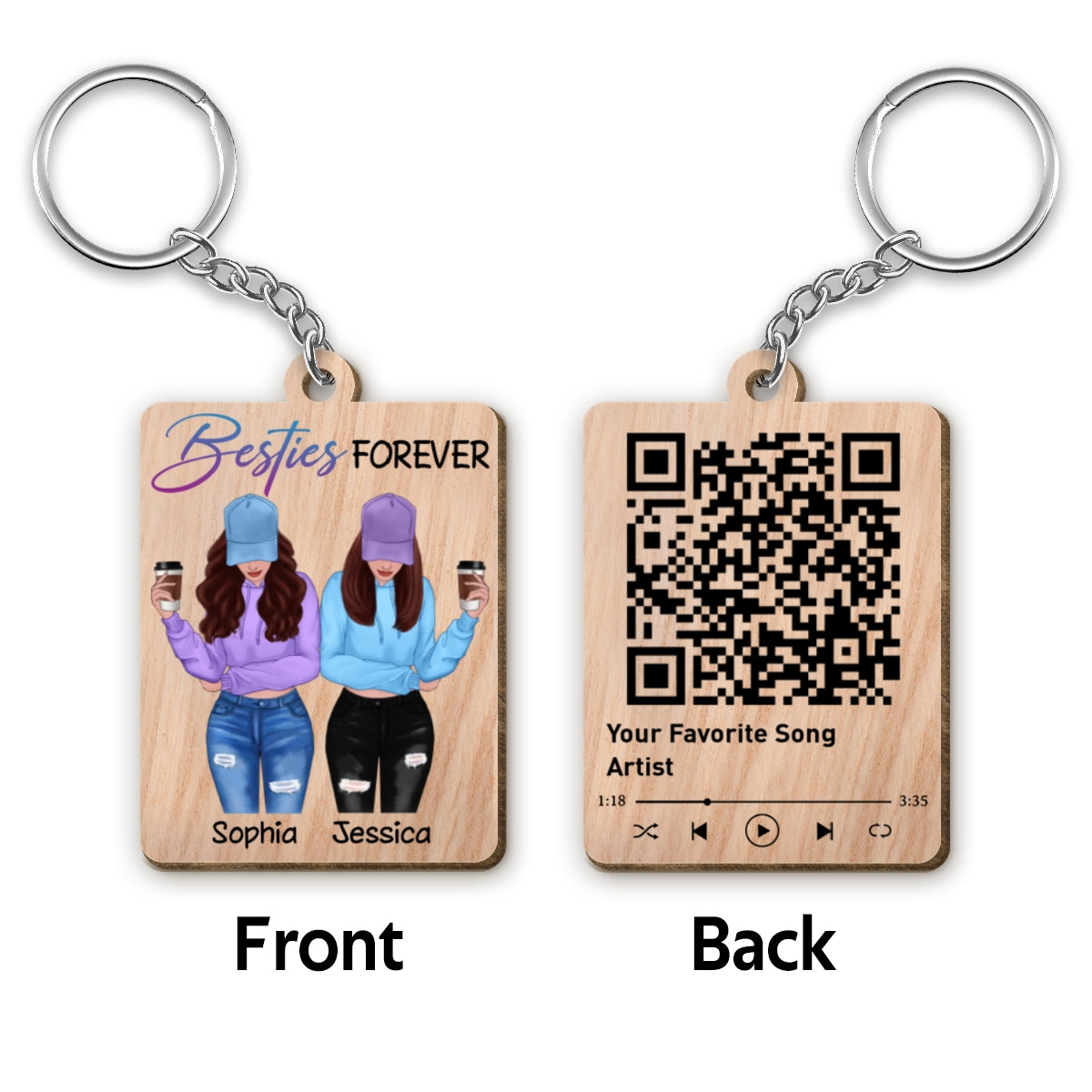 Front View Besties Favorite Song Scannable QR Code Personalized Wooden Keychain