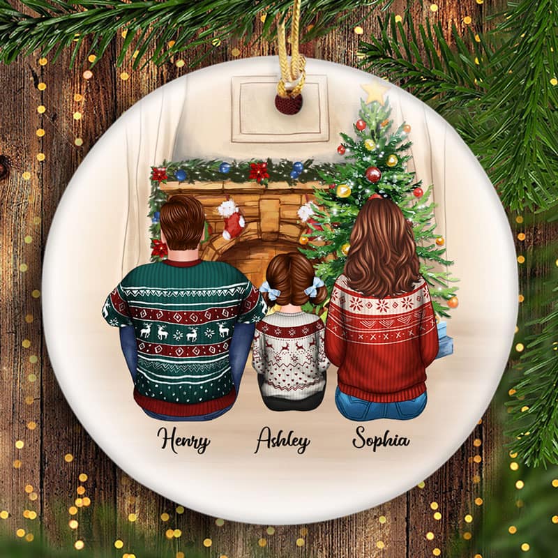 Family Sitting Around Fireplace Personalized Circle Ornament