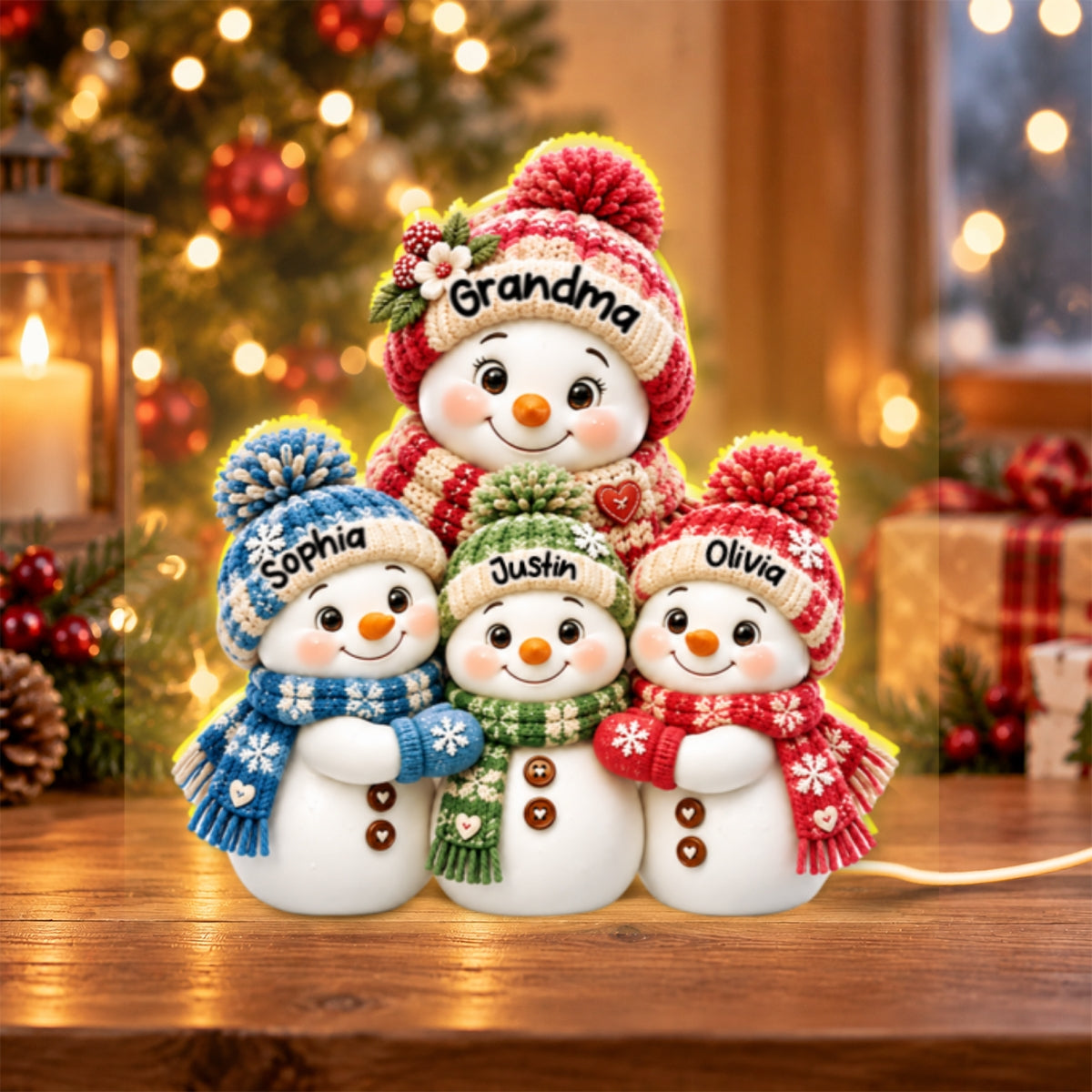 Cute Snowman Grandma Hugging Grandkids - Personalized Light Box - Heartfelt Christmas Gift for Grandma