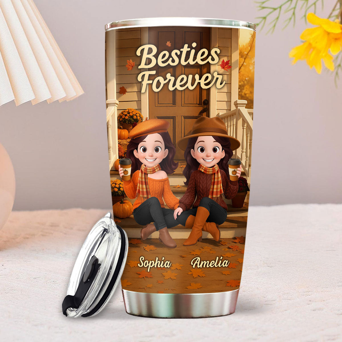 Fall Vibe Besties Sitting On Cozy Theme Front Porch Personalized Tumbler