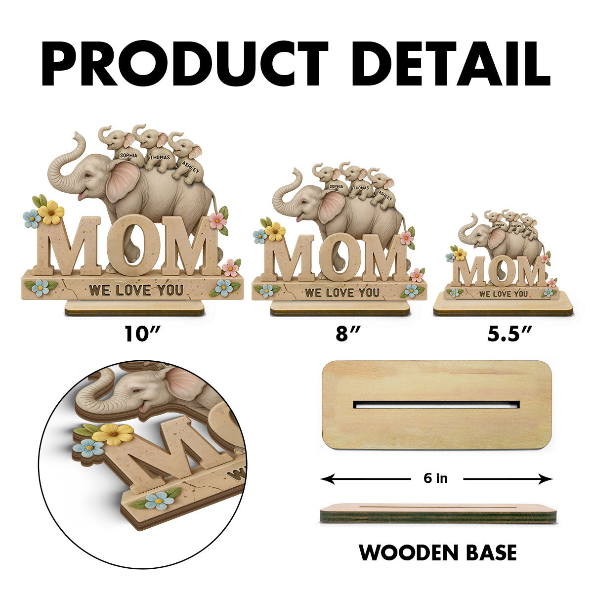 3D Effect Elephant MOM Personalized Standing Wooden Plaque, Gift For Mom