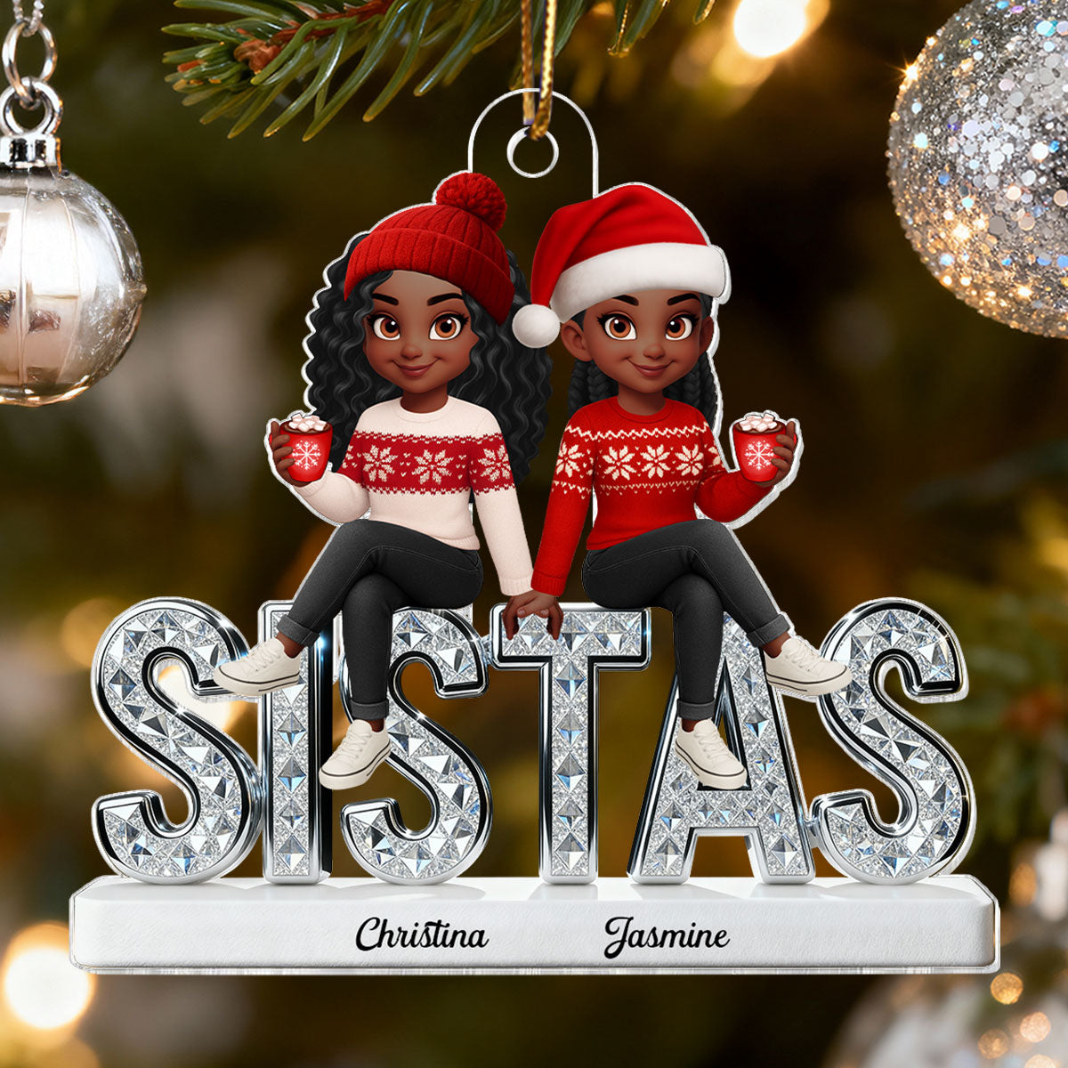 3D Shining Effect Sistas - Personalized Acrylic Car Hanger - Christmas Gift For Sisters