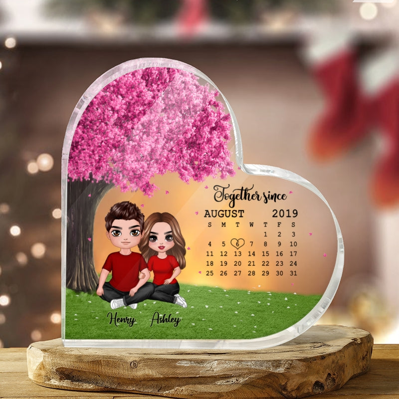 Embracing Doll Couple Sitting Under Pink Tree Calendar Anniversary Date Personalized Heart Acrylic Plaque