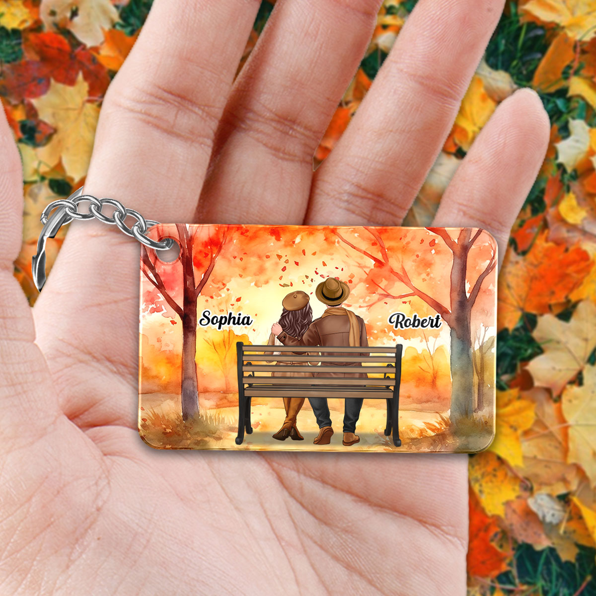 Fall Season Couple Back View Sitting On Bench Personalized Acrylic Keychain