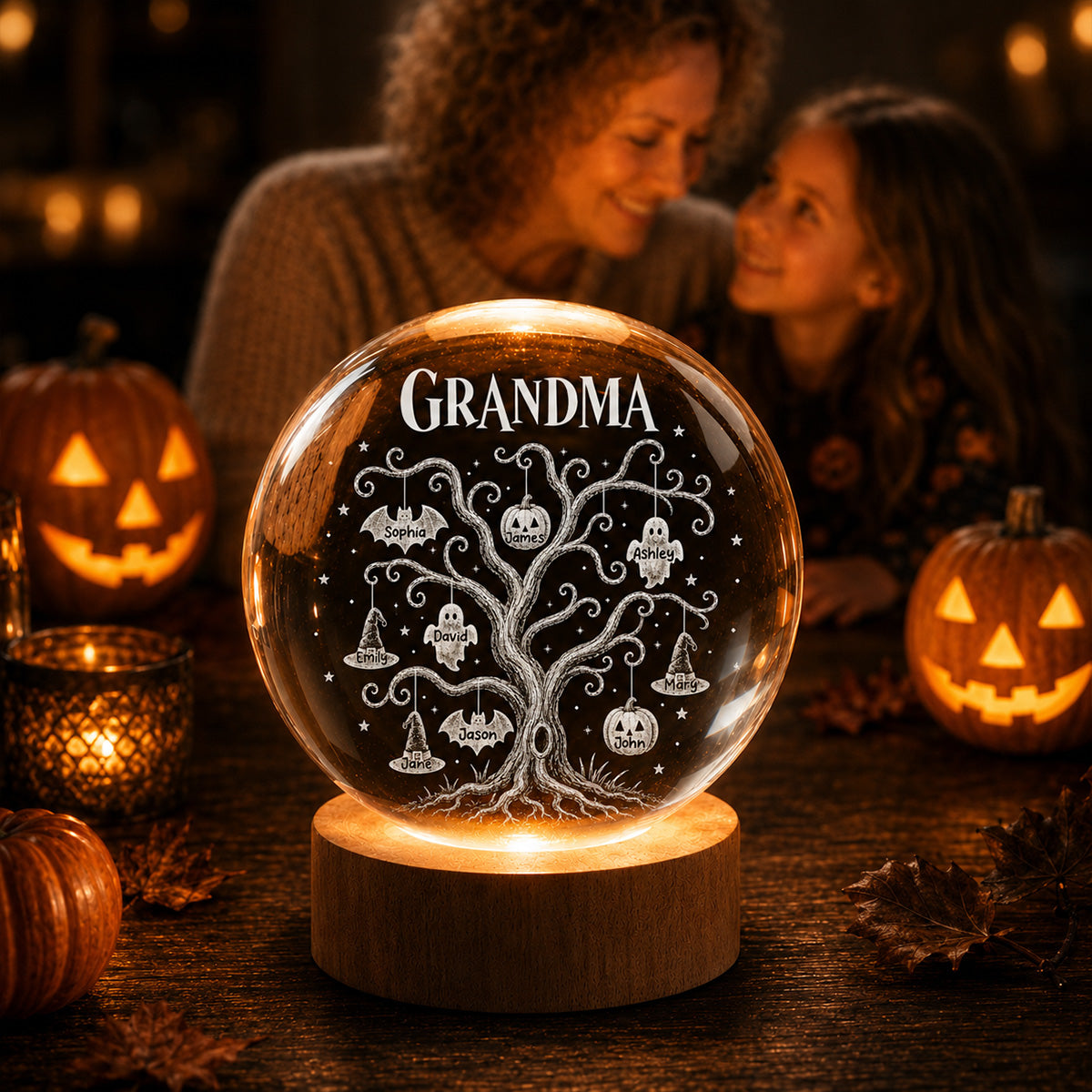 Halloween Tree With Kids Names - Personalized Crystal Ball Night Light - Halloween Gift For Grandma