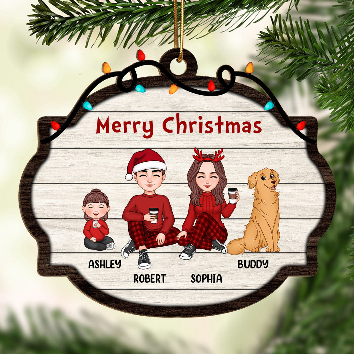 Cute Family Dad Mom Kids Dogs Cats Sitting Christmas Light String Personalized Wooden Ornament