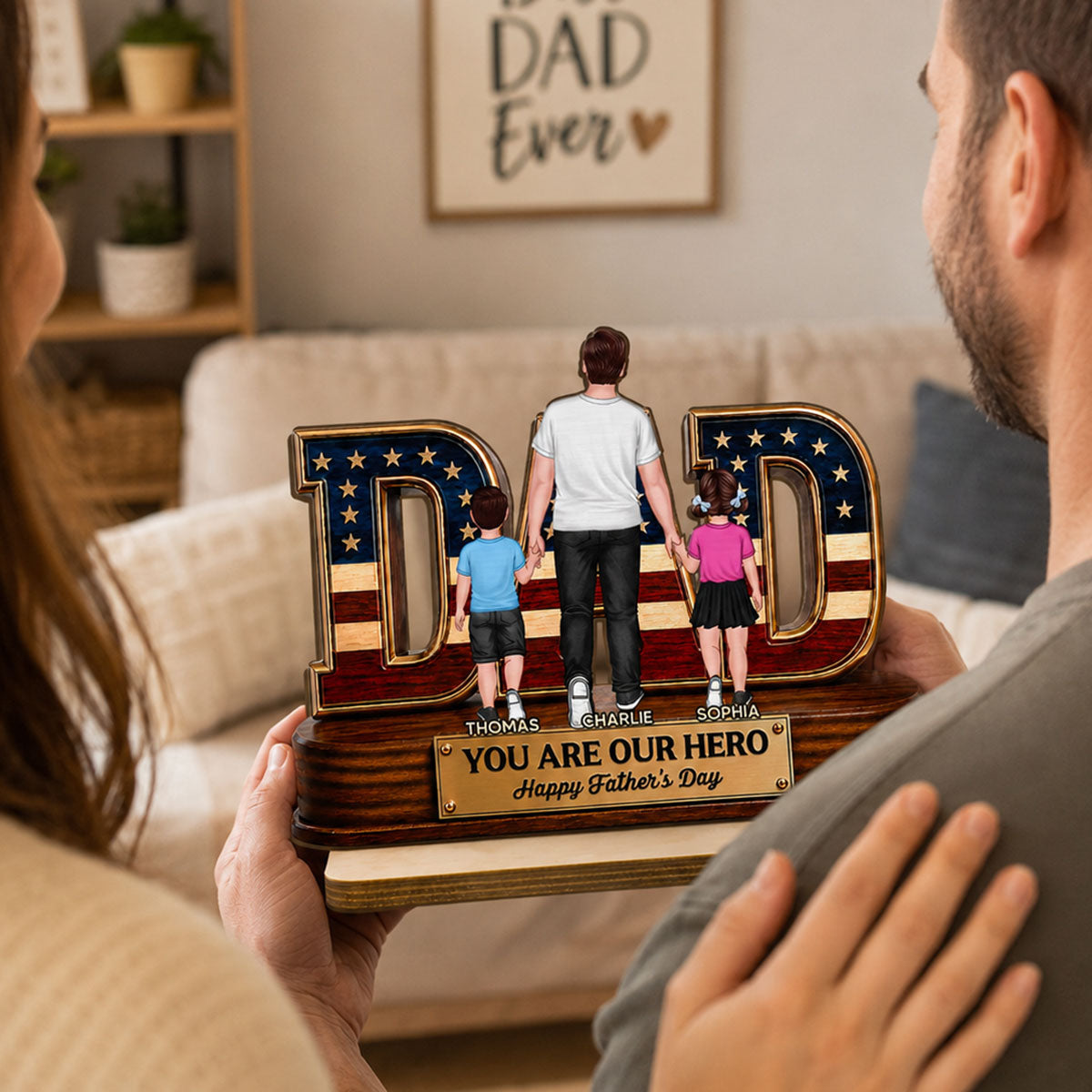Nation Flag Dad And Kids You Are Our Hero - Personalized 2-Layered Wooden Plaque - Father's Day Gift For Dad, Husband