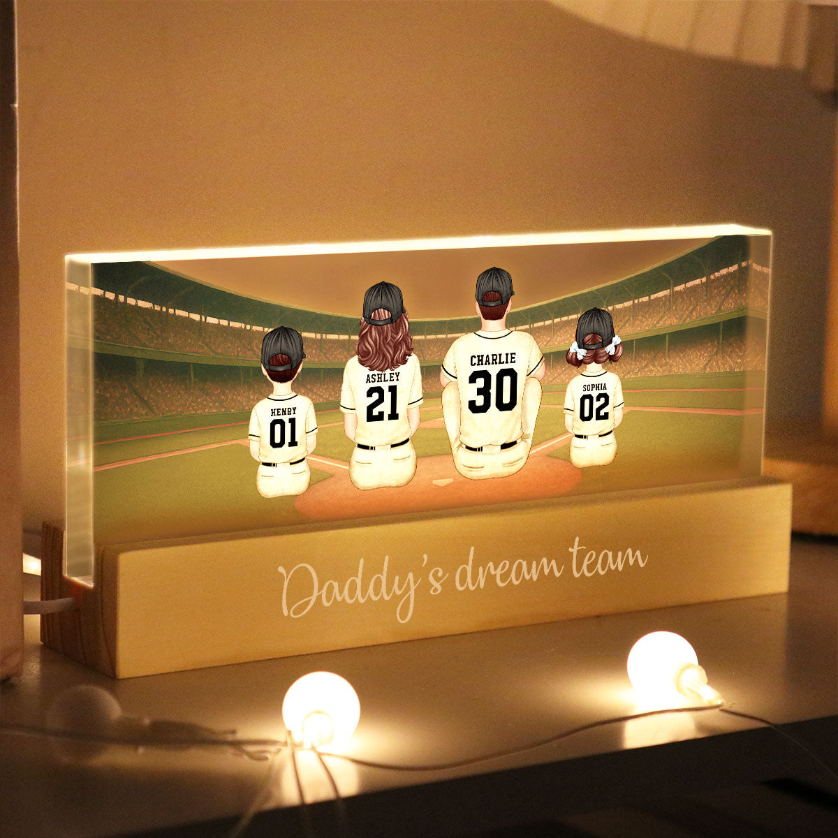Retro Vintage Baseball Daddy's Dream Team Personalized Acrylic Block LED Night Light, Gift For Dad