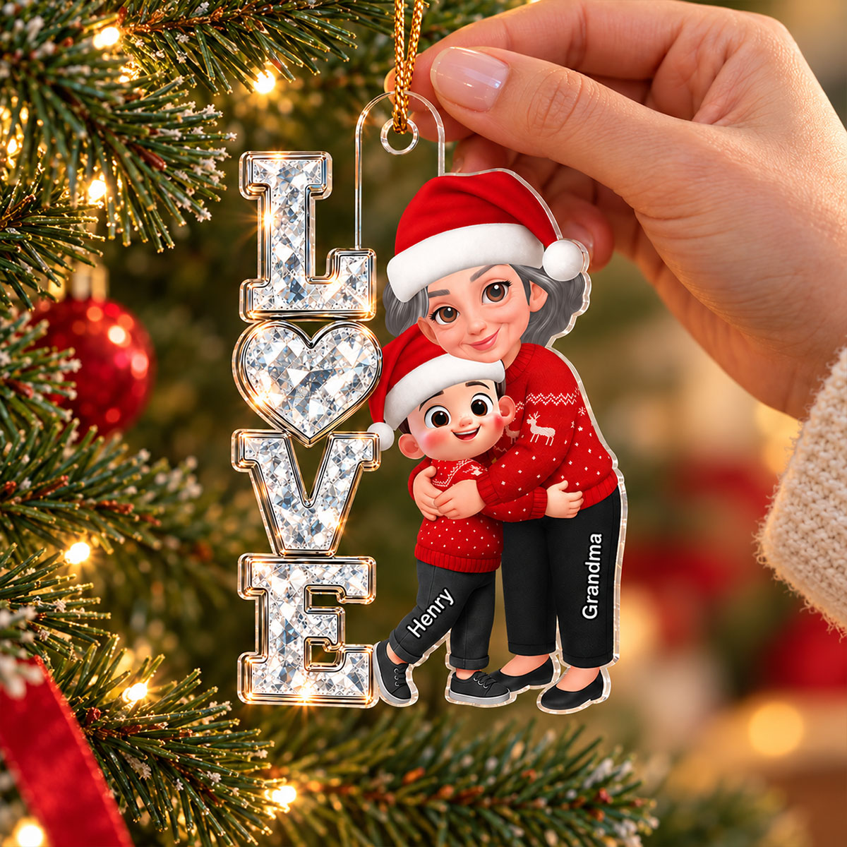 Grandma Hugging Grandkid LOVE Sparkle 2D Flat - Personalized Acrylic Ornament - Christmas Gift For Grandma, Granddaughter, Grandson