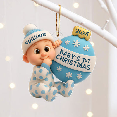 3D Effect Cute Cartoon Baby Beside Christmas Bauble Baby's 1st Christmas Personalized Acrylic Flat Ornament
