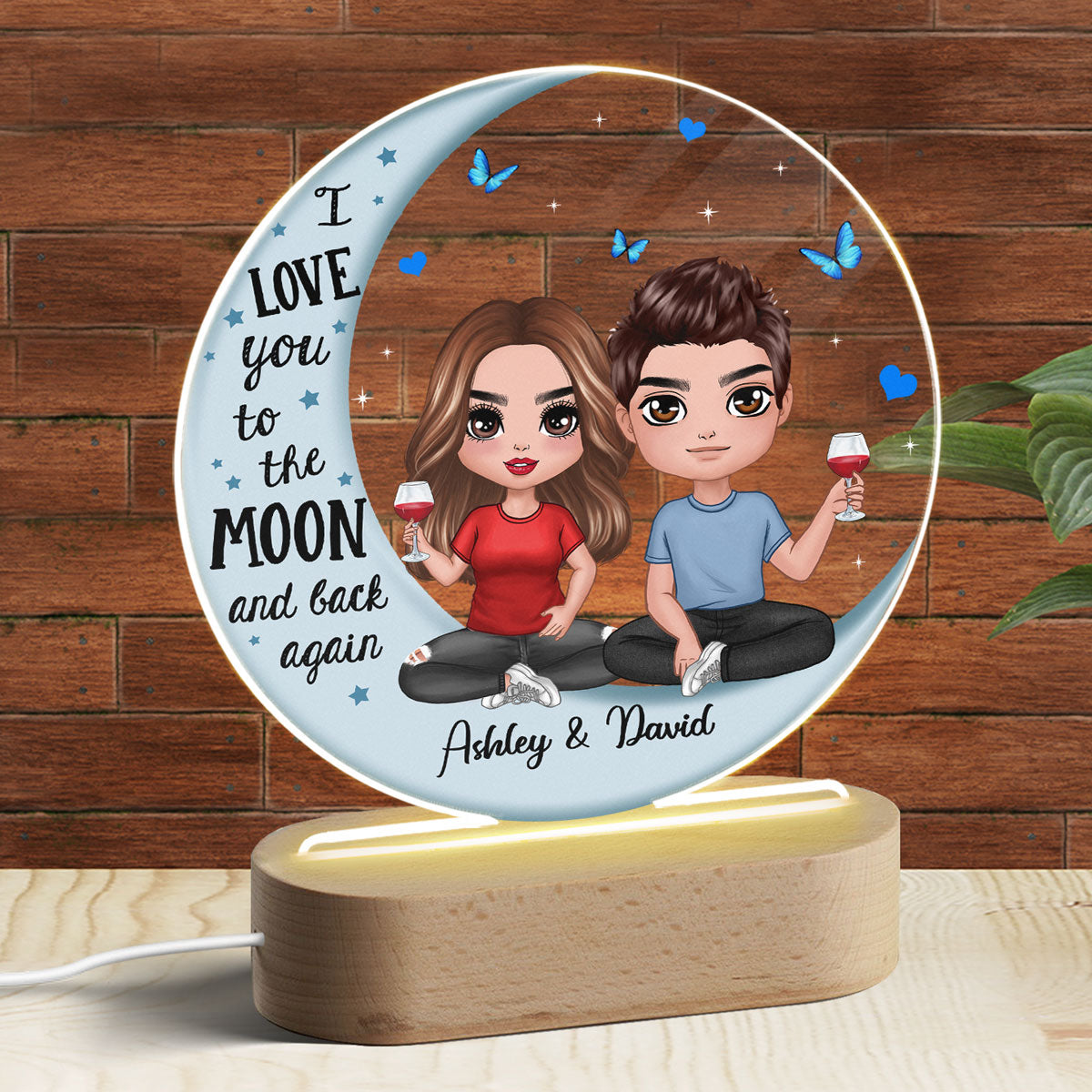 Couple Blue Moon Personalized Circle Plaque LED Night Light - Acrylic LED Lamp - Valentine‘s Day Gift For Him, Gift For Her