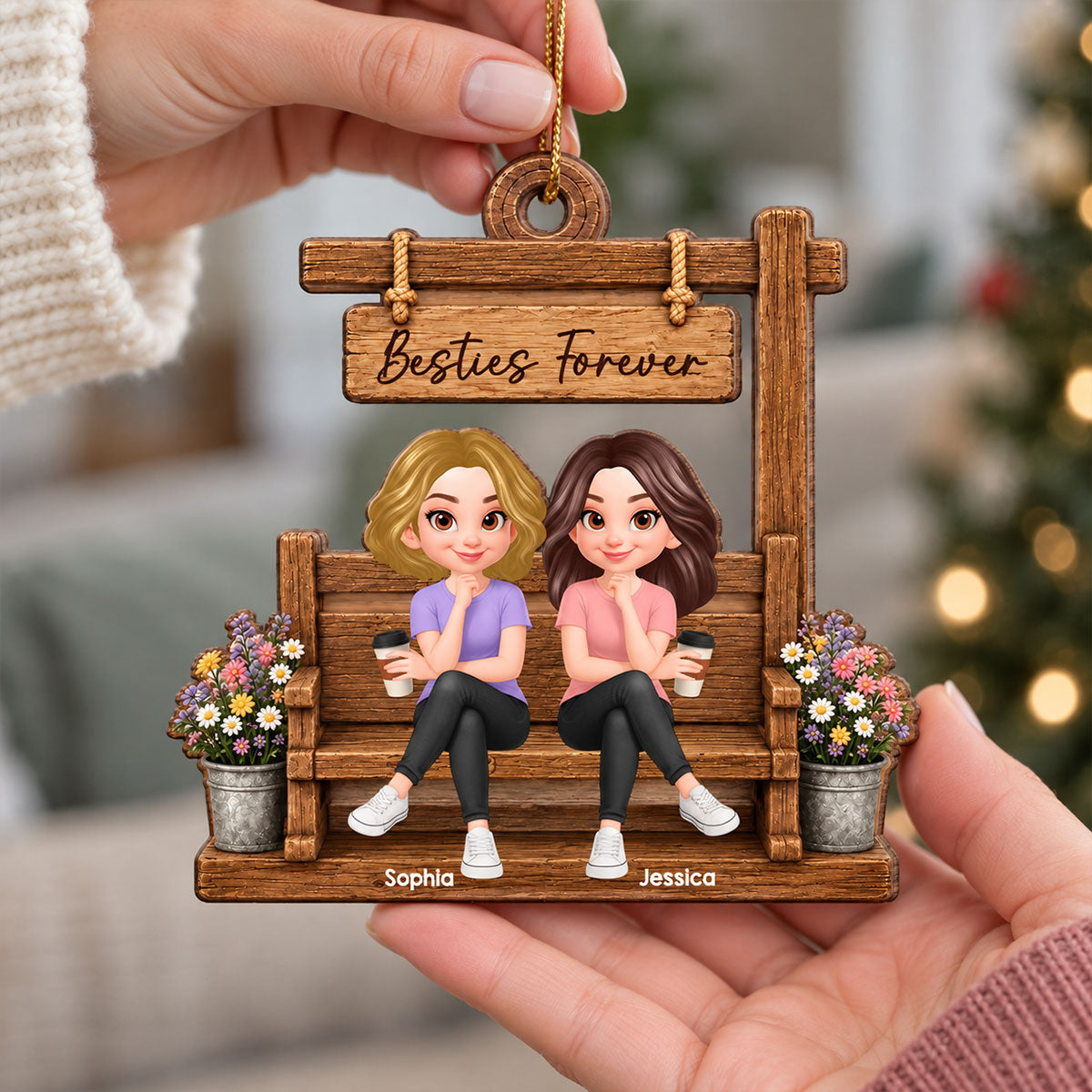 Besties Sisters Sitting Under Sign Post - Personalized Wooden Ornament - Christmas Gift for Best Friends, Sisters