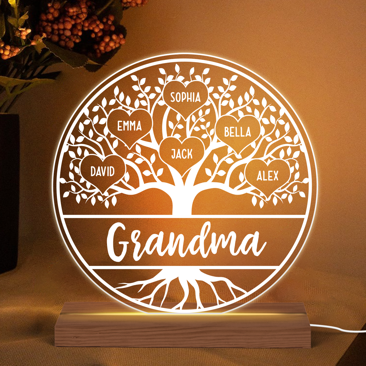 Grandma Family Tree Name Personalized 7 Colors Plaque LED Night Light - Gift for Grandma, Nana, Mom