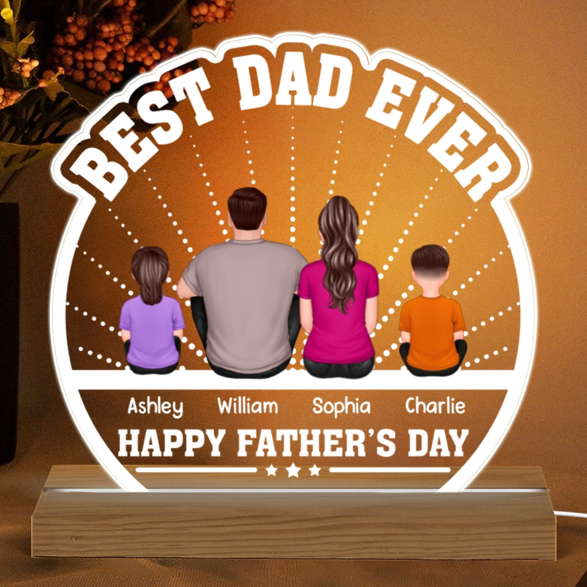 Best Dad Ever Back View Man Kids Dog Cat Personalized Custom Shaped Acrylic Plaque With LED Night Light