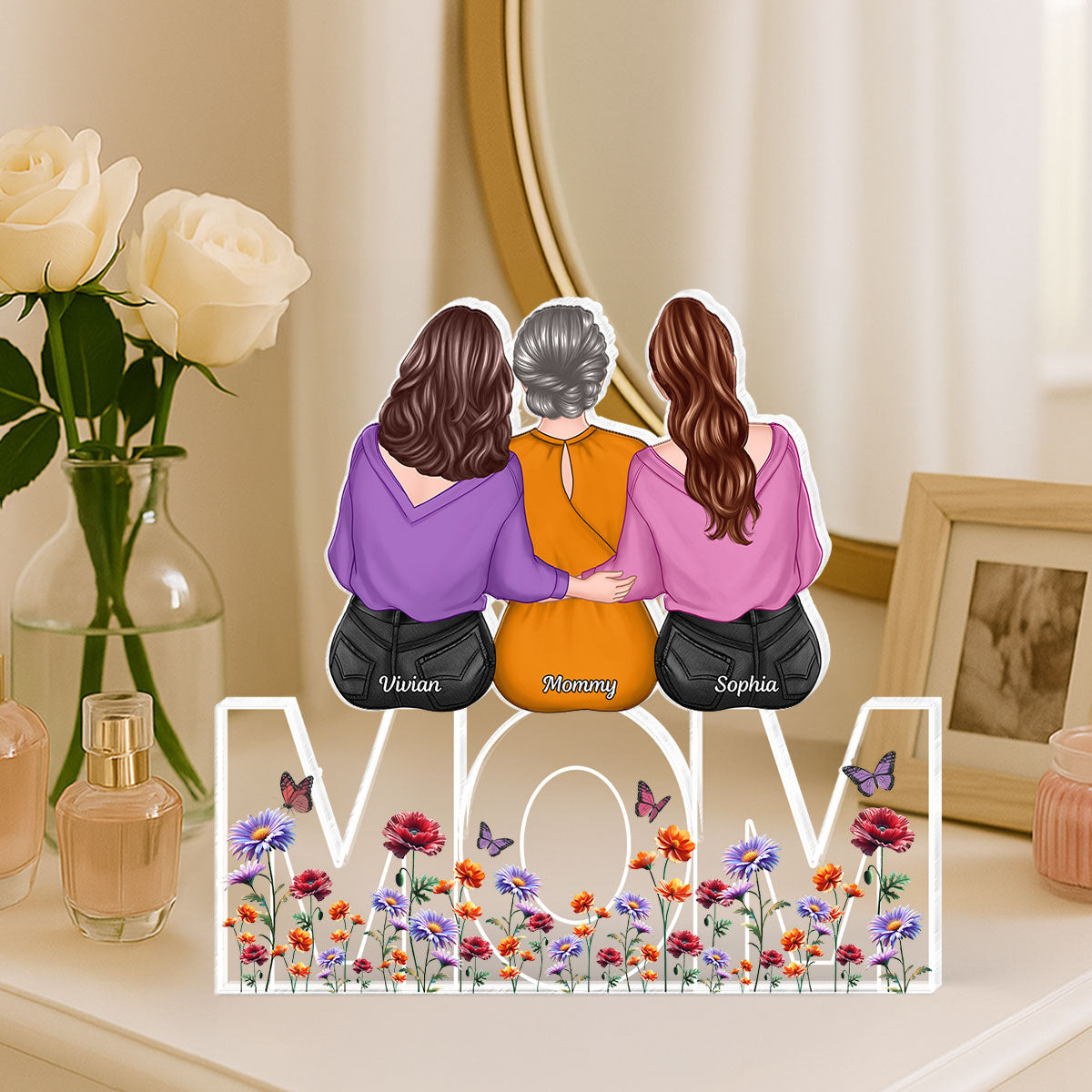 Birth Flowers Mom And Daughters Sons Sitting On Text Personalized Acrylic Block Plaque, Gift