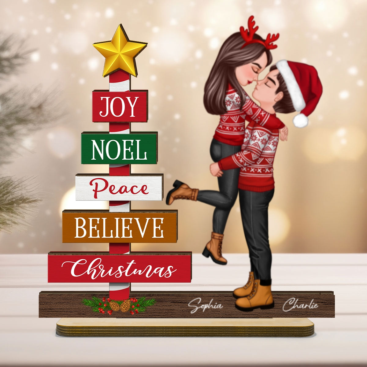 Couple Hugging Kissing Joy Peace Believe Christmas Decor Personalized 2-Layer Standing Wooden Plaque