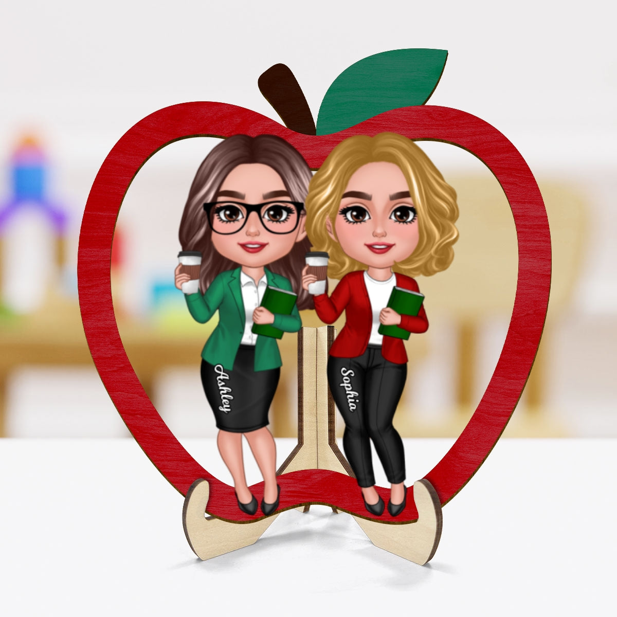 Doll Teacher Besties Colleagues Personalized 2-Layer Apple Shaped Wooden Plaque