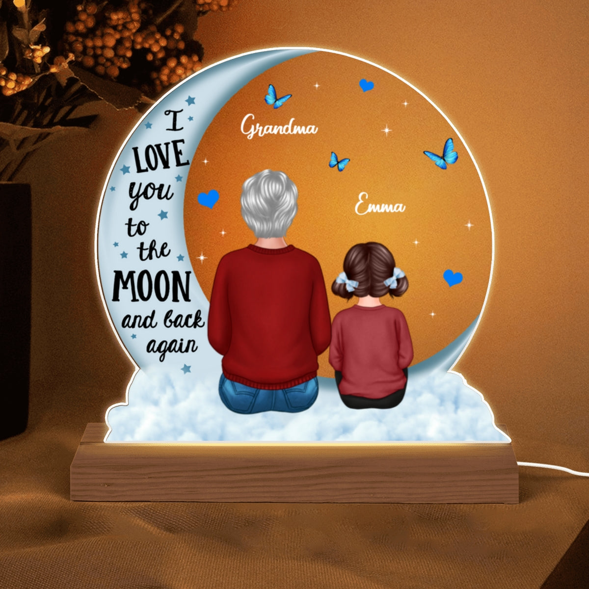 Grandma Grandkids Blue Moon On Cloud Personalized Custom Shape Acrylic LED Night Light