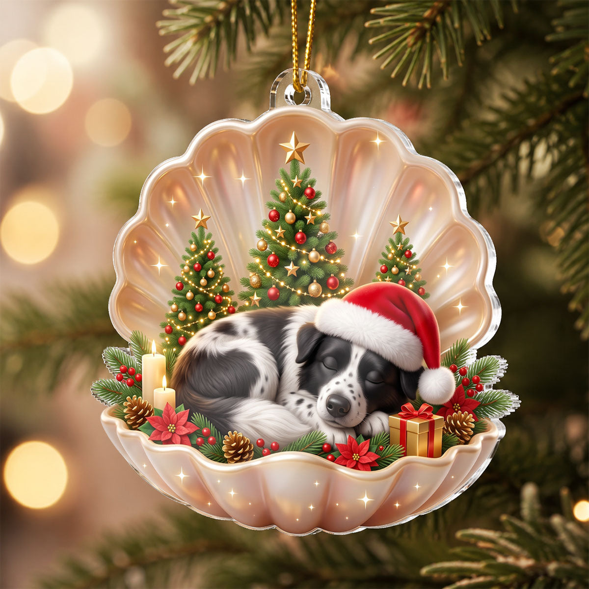 Dog Cat Sleeping in Pearl Shell - Personalized Acrylic Ornament - Christmas Gift for Pet Lovers