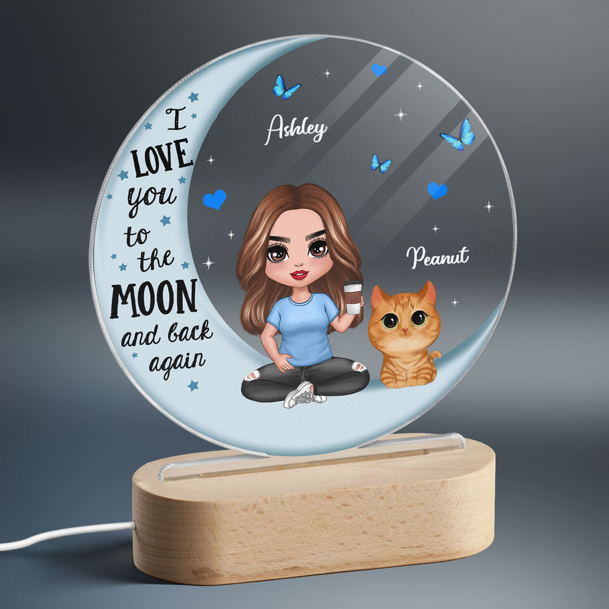 Cat Mom Blue Moon Personalized Circle LED Night Light Acrylic LED Lamp