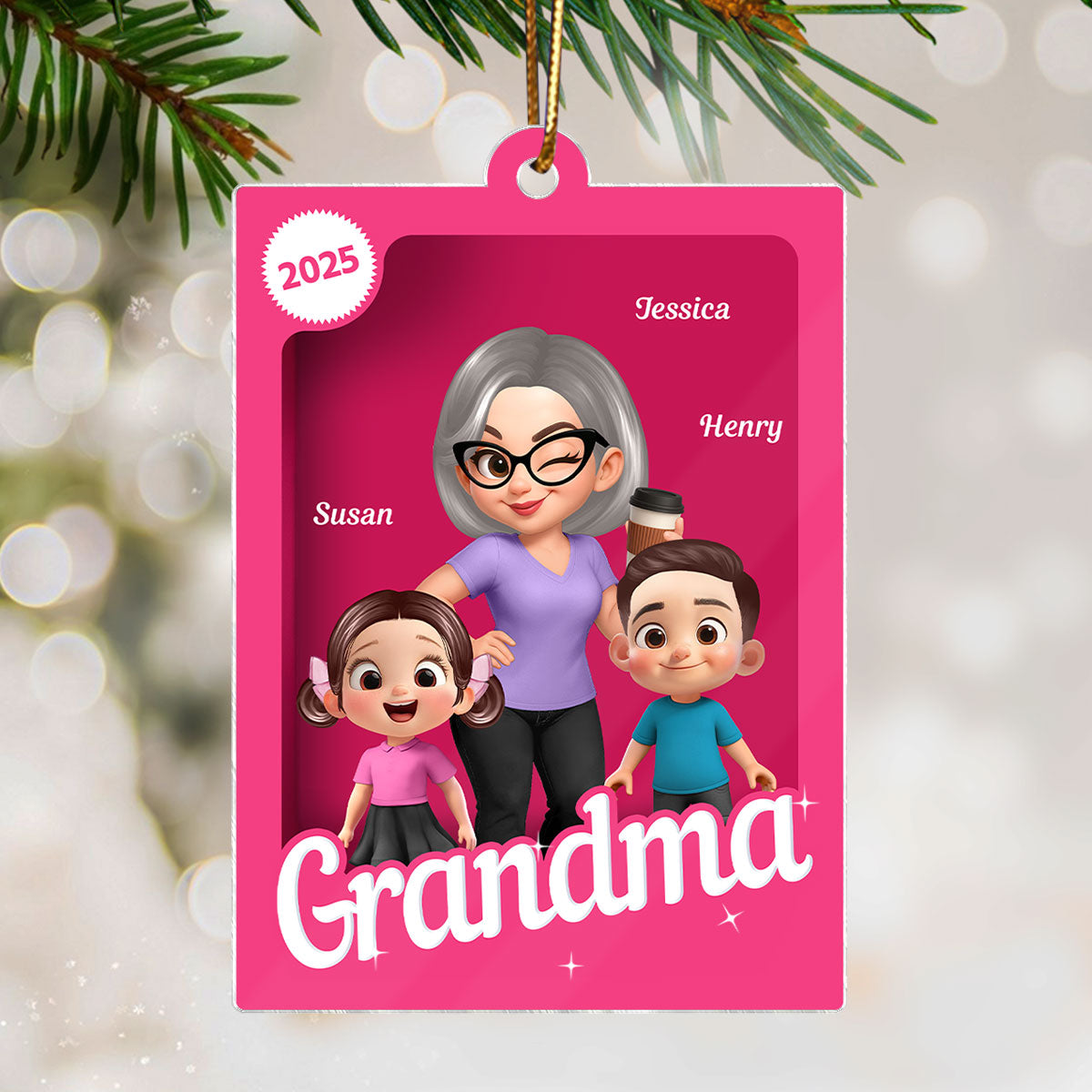 Grandma Grandkids 3D Effect Pink Action Figure - Personalized Acrylic Ornament, Christmas Gift for Grandmas