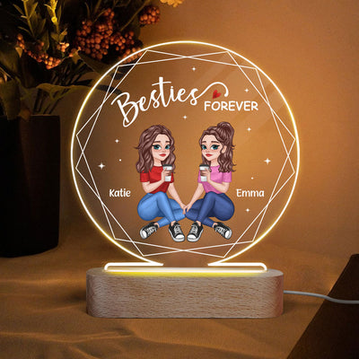 Hexagon Frame Pretty Cartoon Besties Sitting Sisters Forever Personalized Circle Acrylic Plaque With LED Night Light
