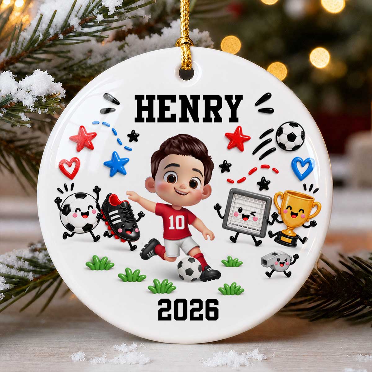 Cute Things Soccer Player 2D Flat Printed- Personalized Ceramic Ornament - Christmas Gift For Son, Grandson, Daughter, Granddaughter