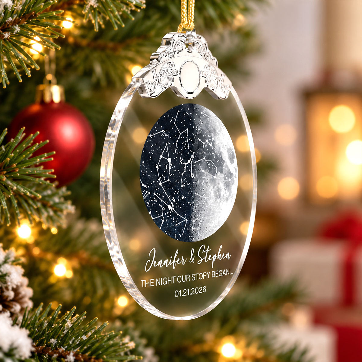 Custom Moon Phase & Star Map by Date - Personalized Glass Ornament With Silver Cap - Heartfelt Christmas Gift, Anniversary Gift, For Couple, For Him, For Her