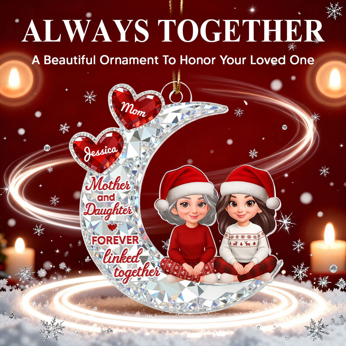 3D Effect Flat Mom And Daughter Son Sitting On Moon - Personalized Acrylic Ornament - Gift For Mom, Daughter, Son