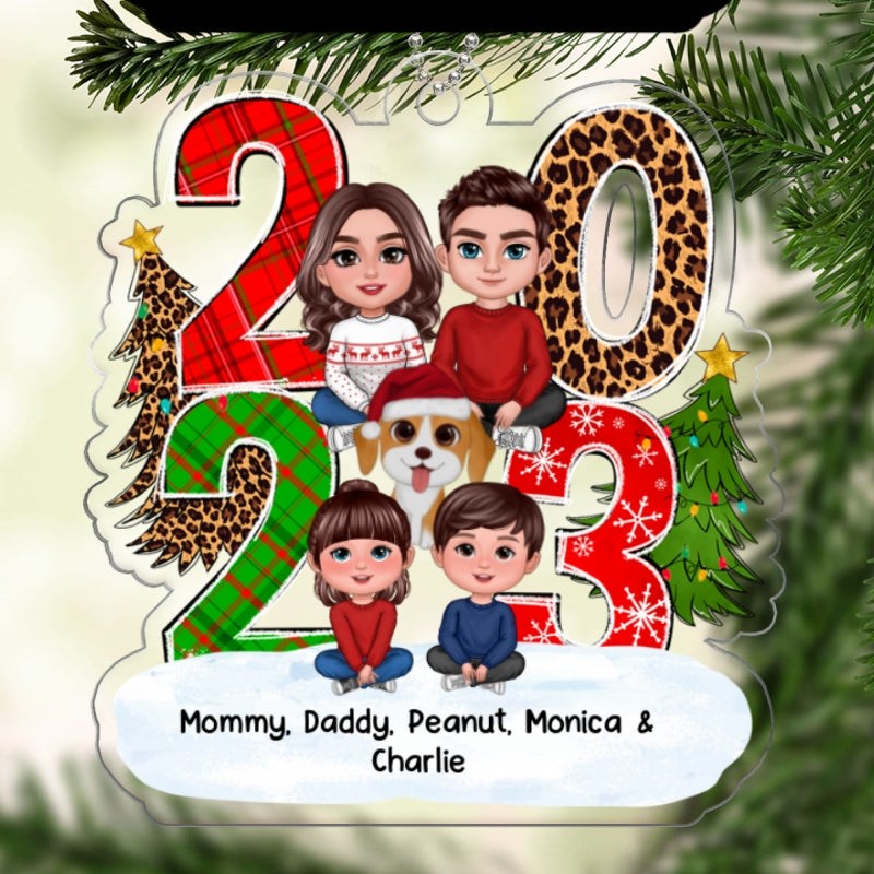 Christmas Family Sitting Crossed Legs 2023 Stacked Pattern Personalized Acrylic Ornament