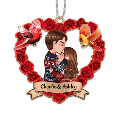 Rose Heart Couple Personalized Christmas Wooden Ornament