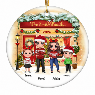 Family Standing On Front Porch Christmas Personalized Circle Ornament