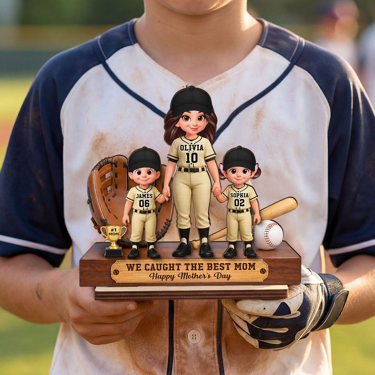 Baseball Mom And Kids We Caught The Best Mom - Personalized 2-Layered Wooden Plaque - Mother's Day Gift For Baseball Mom