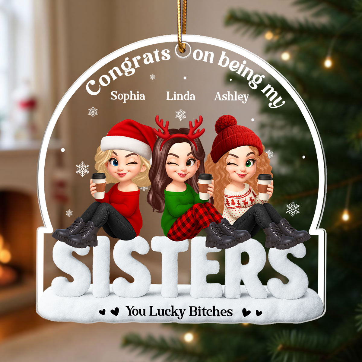 Congrats On Being My Besties Sisters Sitting On Text Personalized Acrylic Ornament