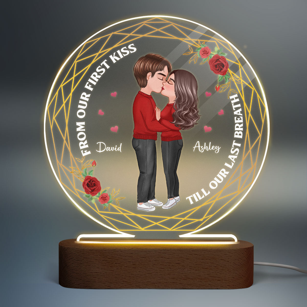 Hexagon Doll Couple Kissing Valentine‘s day Gift Personalized Circle Plaque LED Night Light