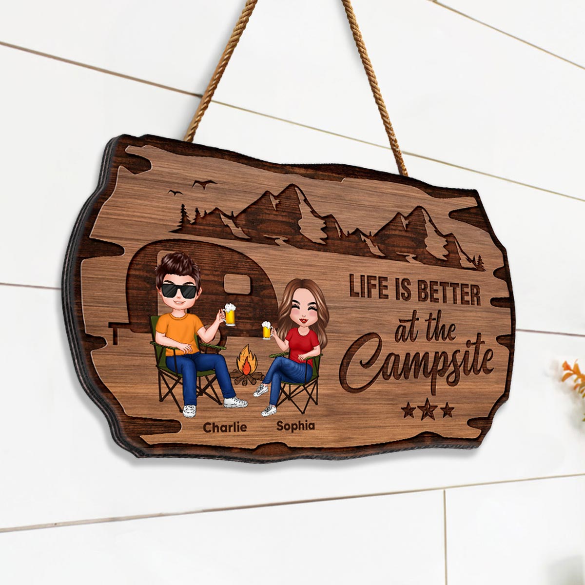 Doll Couple Camping Rustic Personalized Wood Sign