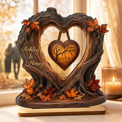 Couple Fall Season Heart Tree - Personalized 2-Layered Wooden Plaque - Anniversary Gift for Her, for Him