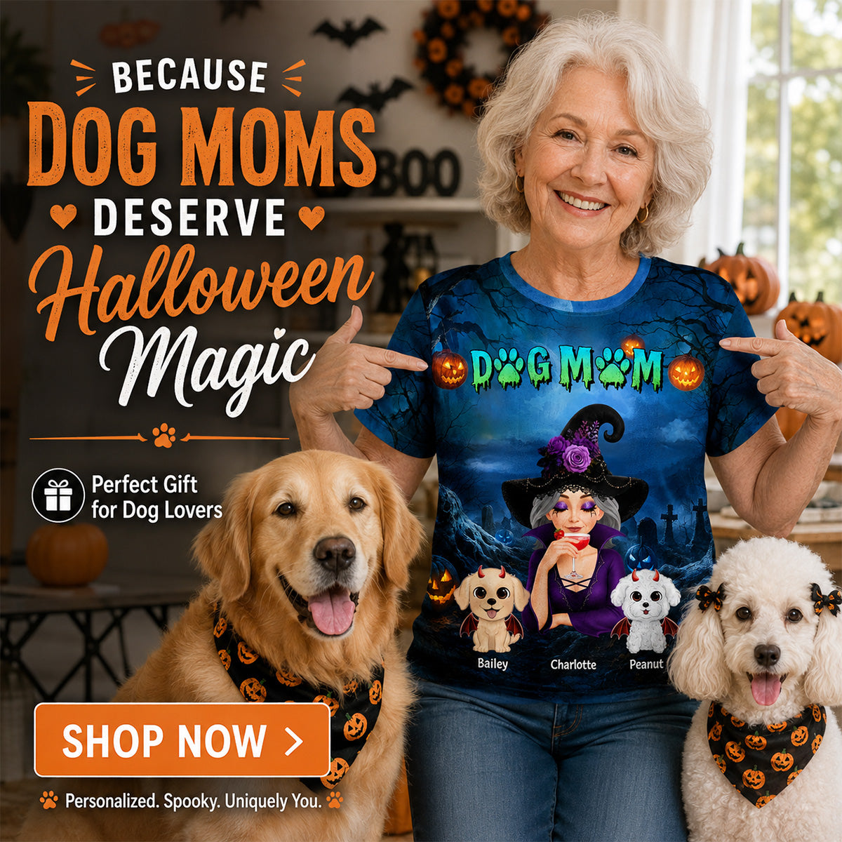 Dog Mom In Halloween Night Blue Theme - Personalized Shirt - Halloween Costume for Dog Lovers