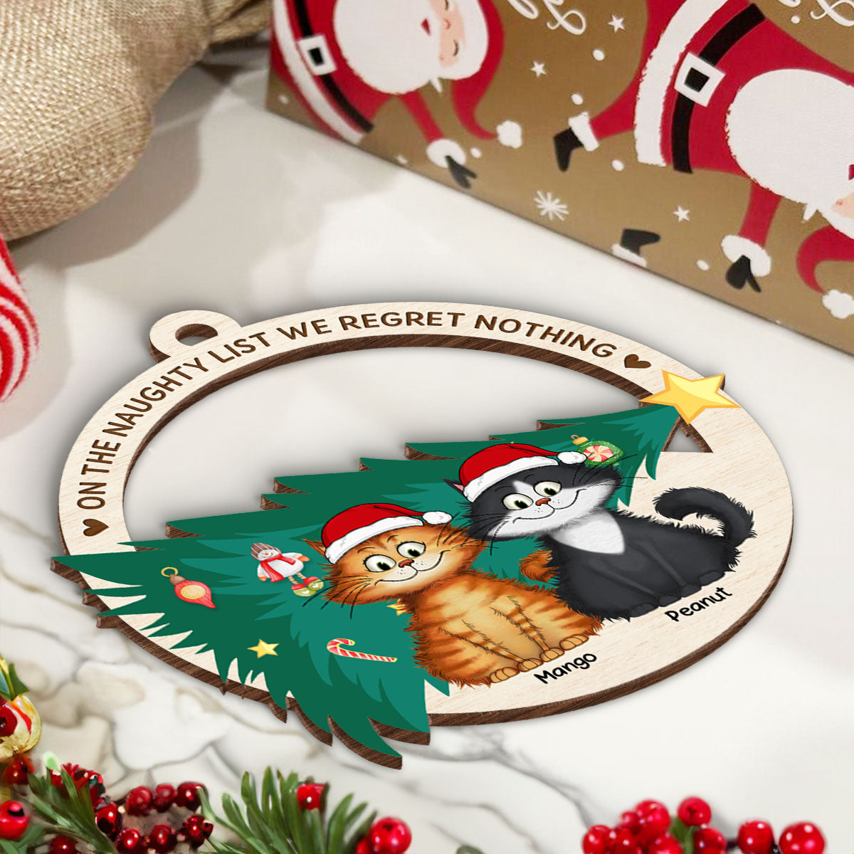 On The Naughty List We Regret Nothing Quirky Cat Wooden Ornament, Personalized Christmas Cat Ornament