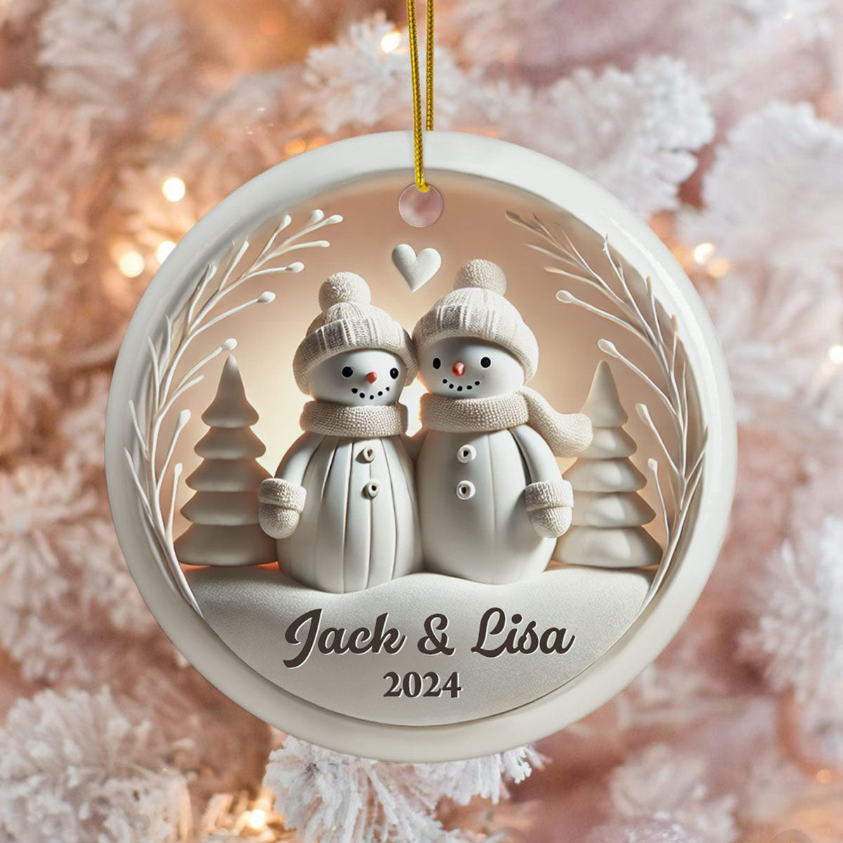 Snowman Couple White Christmas Ceramic Ornament, Personalized Couple 3D Effect Ornament, Christmas Gift For Married Engaged Couples, For Couples