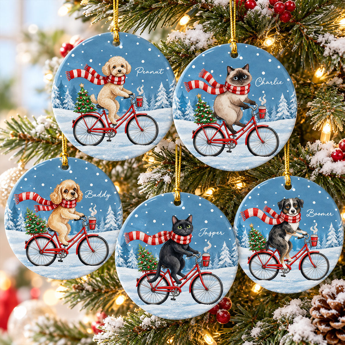 Cute Dog Cat Riding Bike In Snow Winter From Photo Uploaded - Personalized Ceramic Ornament - Christmas Gift For Dog Lovers, Pet Lovers
