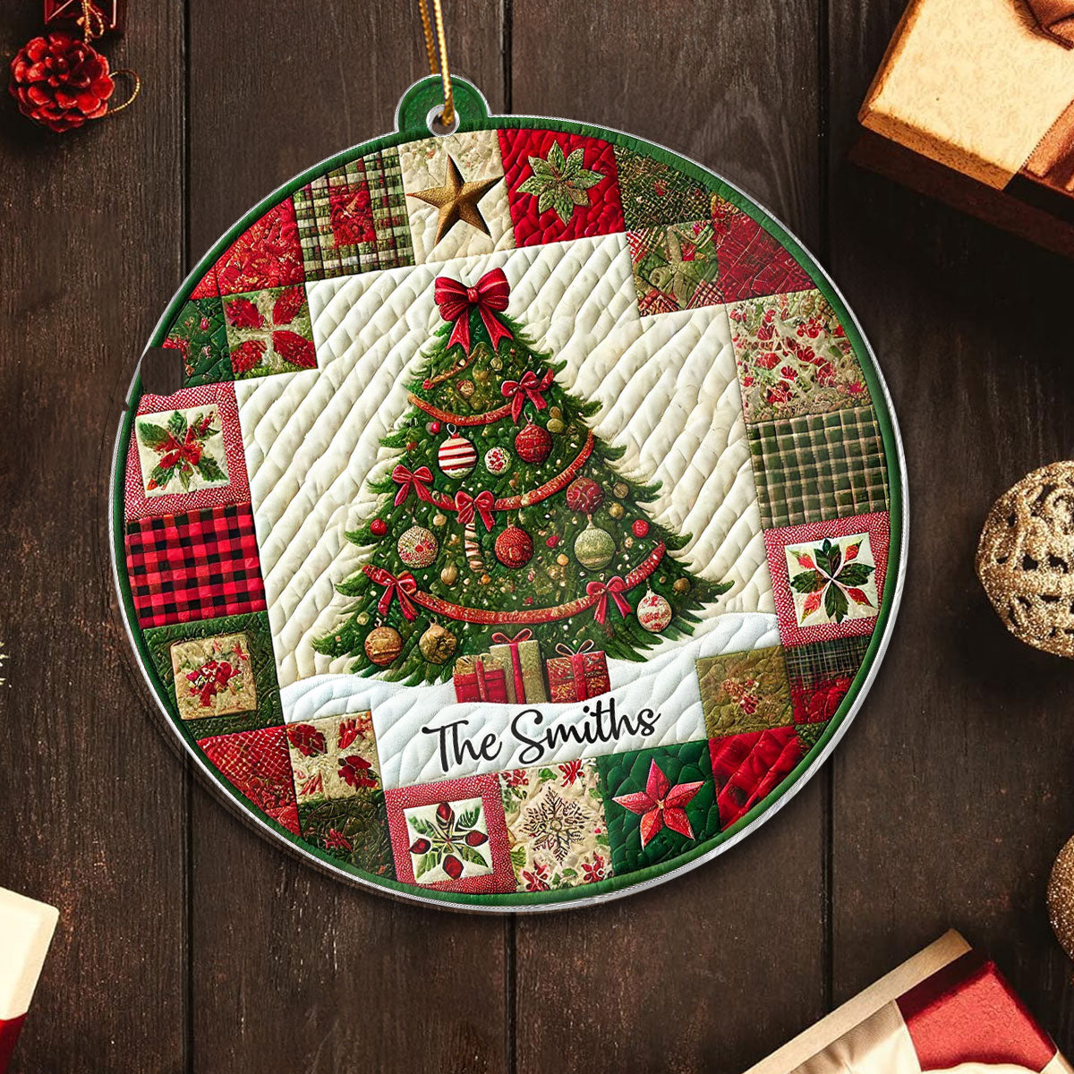 3D Effect Quilting Patchwork Fabric Patterns Christmas Tree Family Name Christmas Personalized Acrylic Ornament
