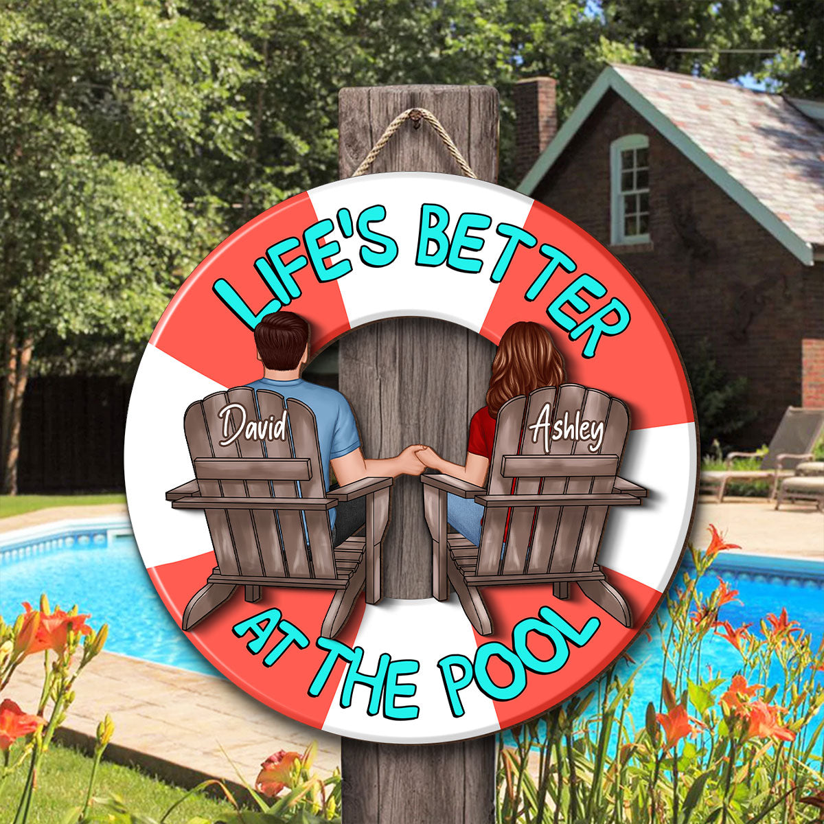 Couple Sitting Back View Poolside Swimming Float Personalized 2-Layer Wood Sign