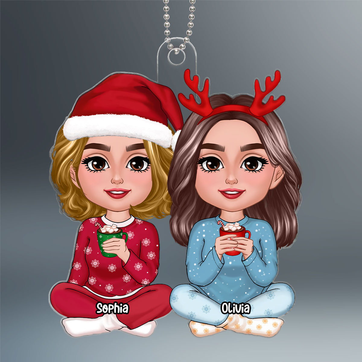 Christmas Doll Besties Sisters Sitting Together Personalized Acrylic Ornament