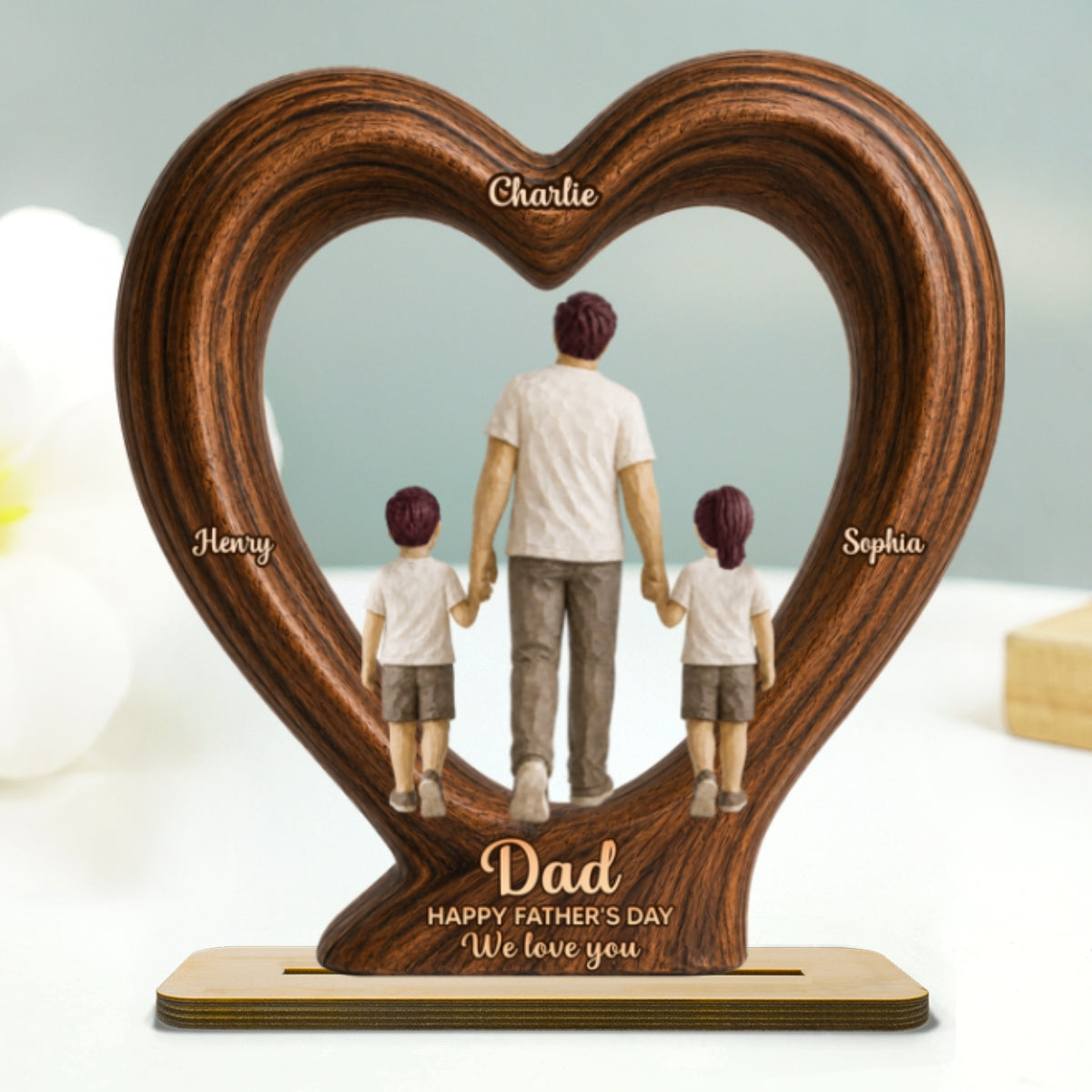 Sentimental Rustic Dad And Kids Walking In Heart 2D Flat - Personalized 2-Layered Wooden Plaque - Father's Day Gift For Dad, Husband