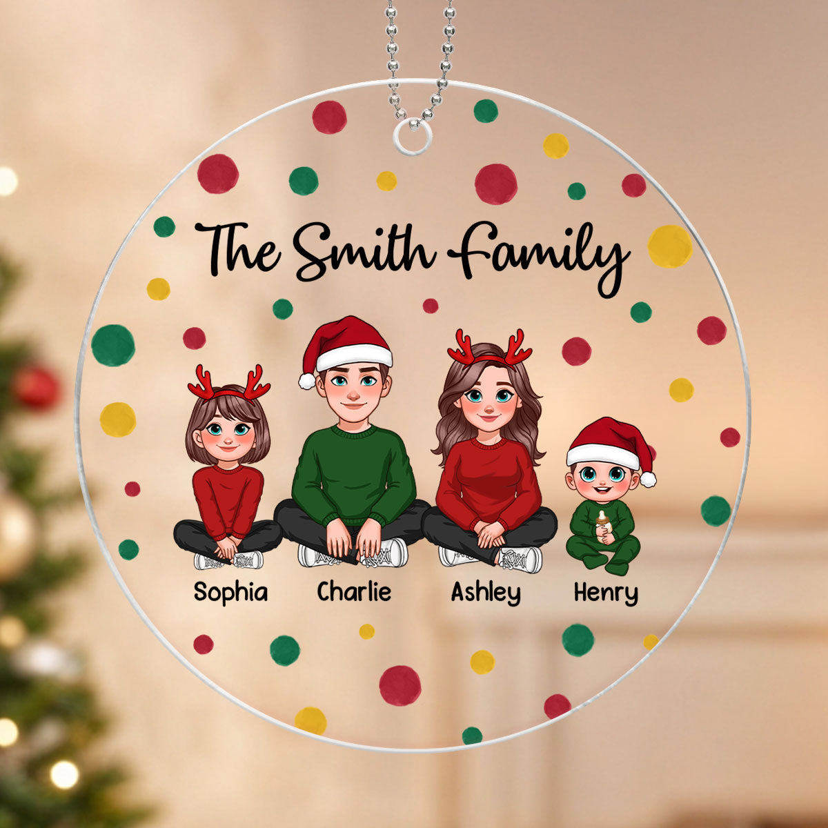 Red Green Dots Family Sitting Personalized Acrylic Ornament