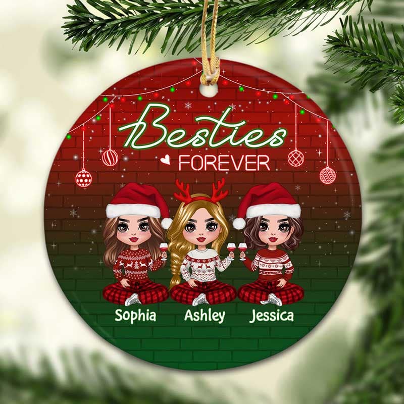 Red & Green Background Doll Besties Personalized Circle Ornament
