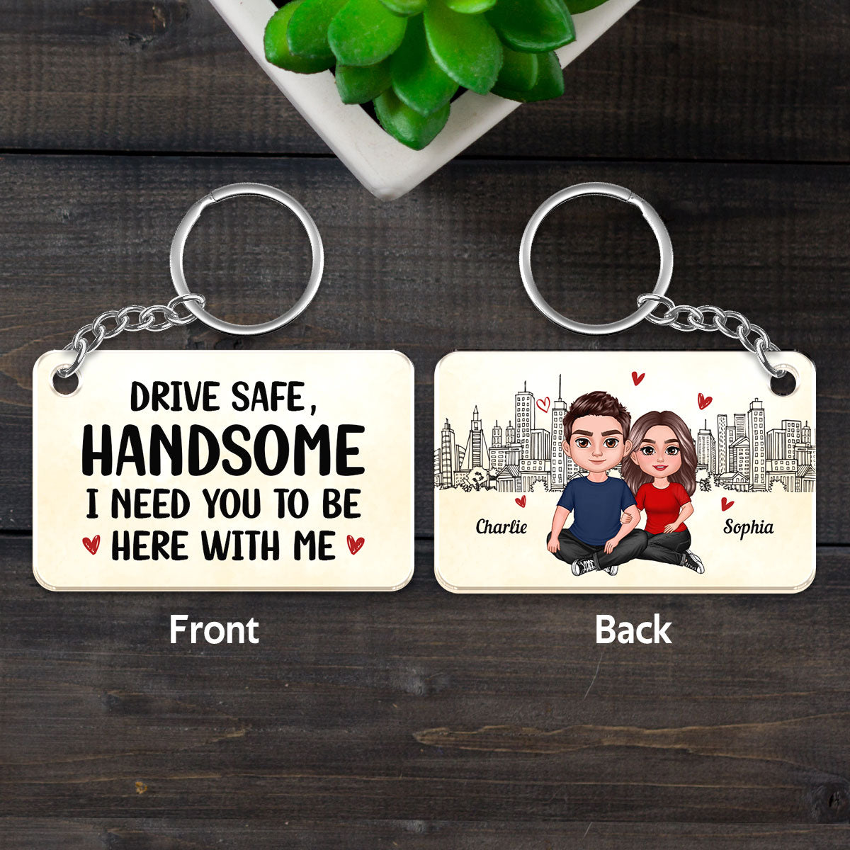 Couple Sitting Embracing Outline Background Personalized Acrylic Keychain