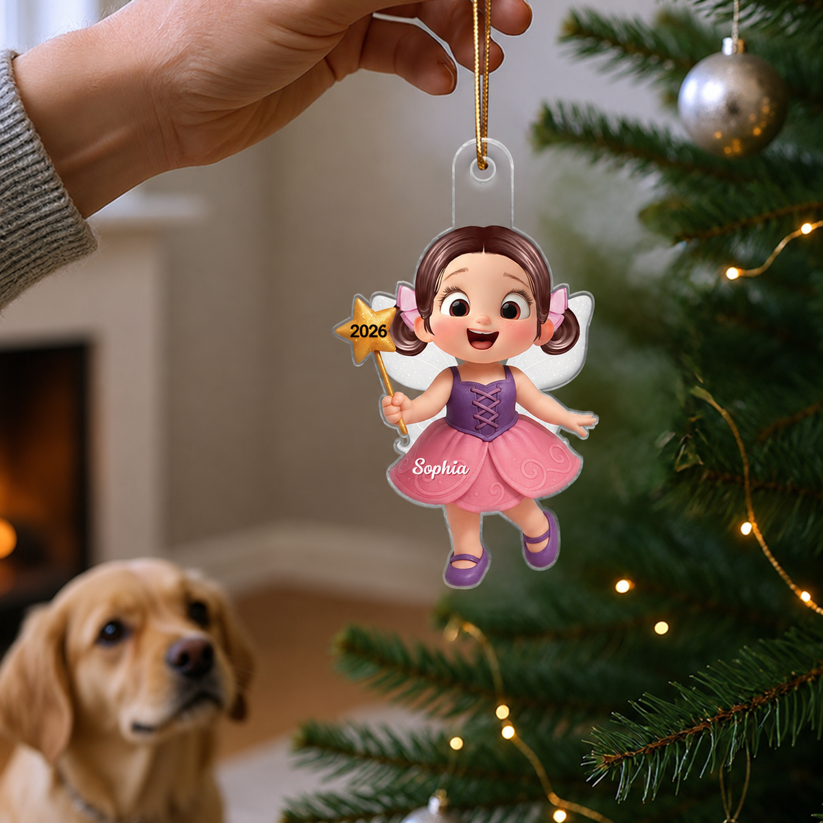 3D Effect Cute Cartoon Fairy Kid Christmas Personalized Acrylic Ornament, Beautiful Gift For Grandkids