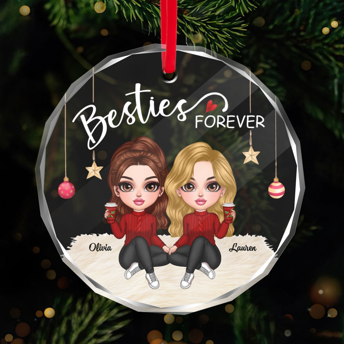 Besties Forever Y2K Best Friends Personalized Glass Ornament, Friendship Christmas Gift